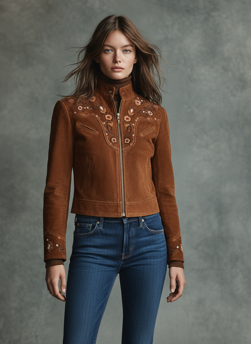 Women's Faux Suede Embroidered Zip-up Stand Collar Short Jacket MDA3014J8Y