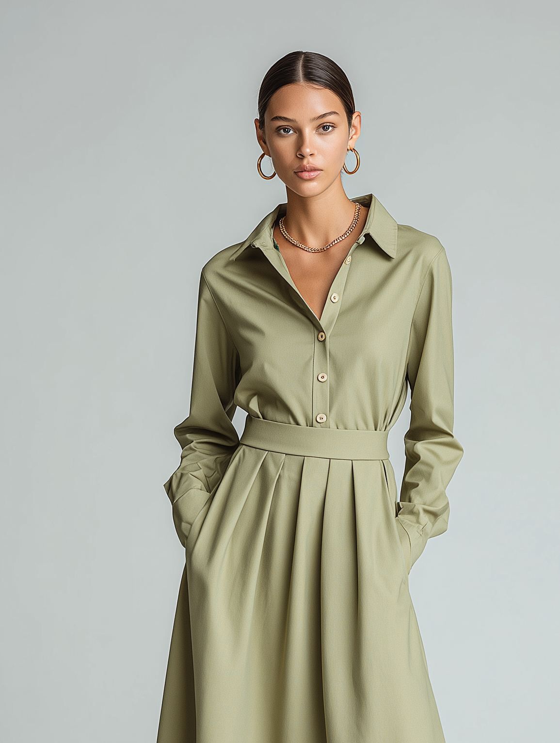 Women's Elegant And Sophisticated Gray-green Long-sleeved Shirt Paired With A Mid-length Pleated Skirt MDA1734K6AN