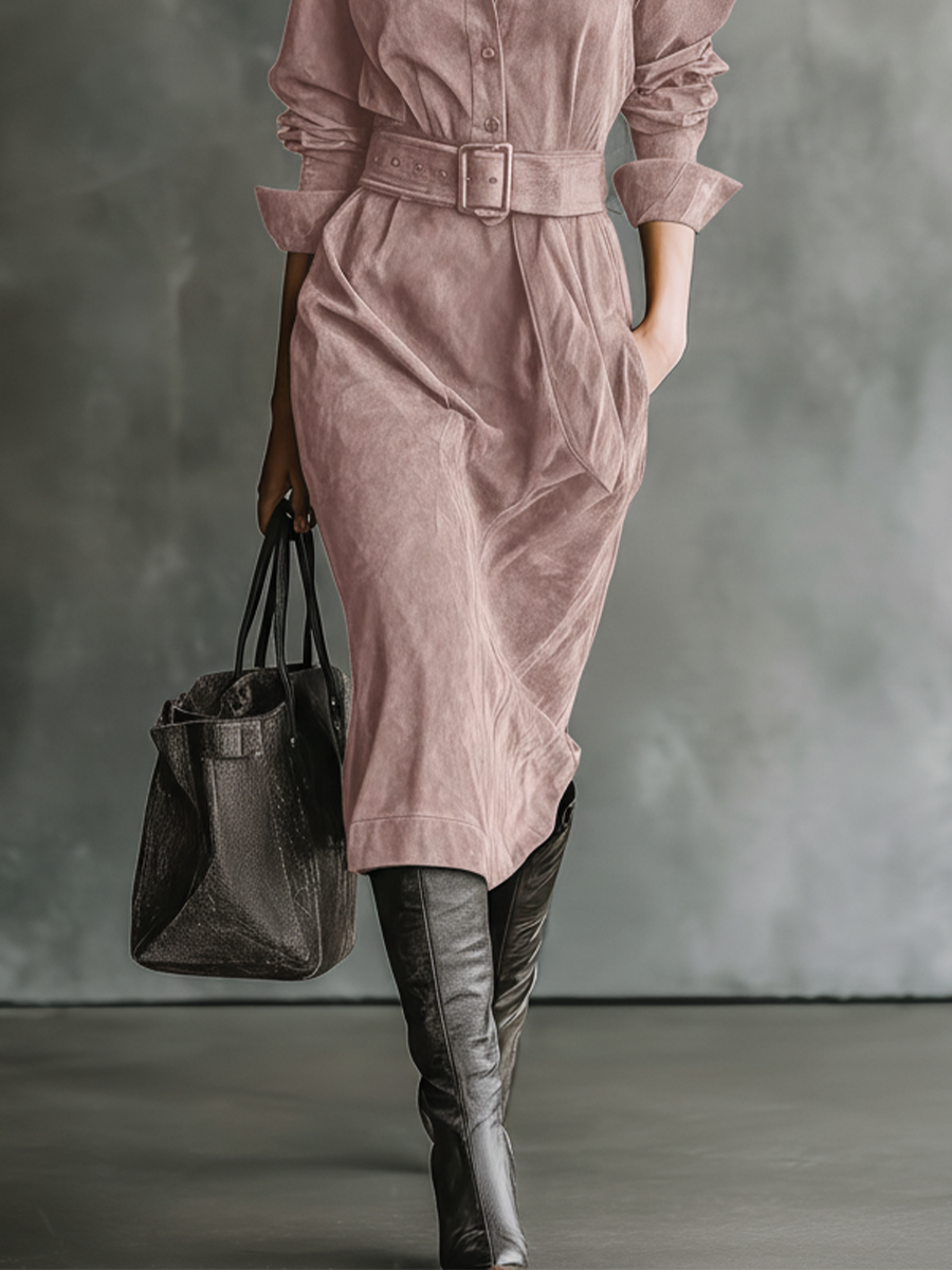 Women's Dusty Pink Faux Suede Belted Midi Dress MDA2368I0T
