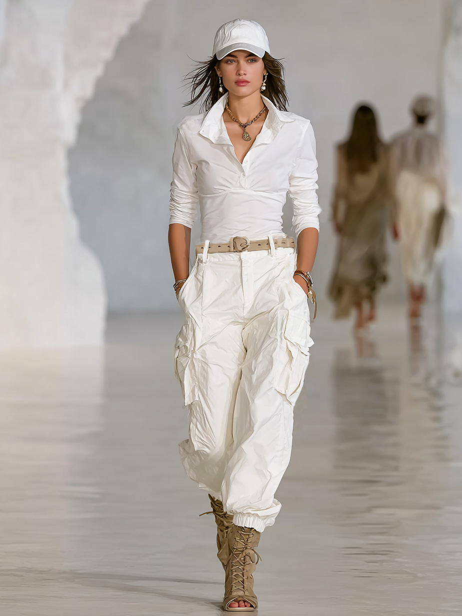 Women's All-white Long-sleeved Polo Shirt And Overalls Two-piece Set (belt Not Included)MDA3133G4Y
