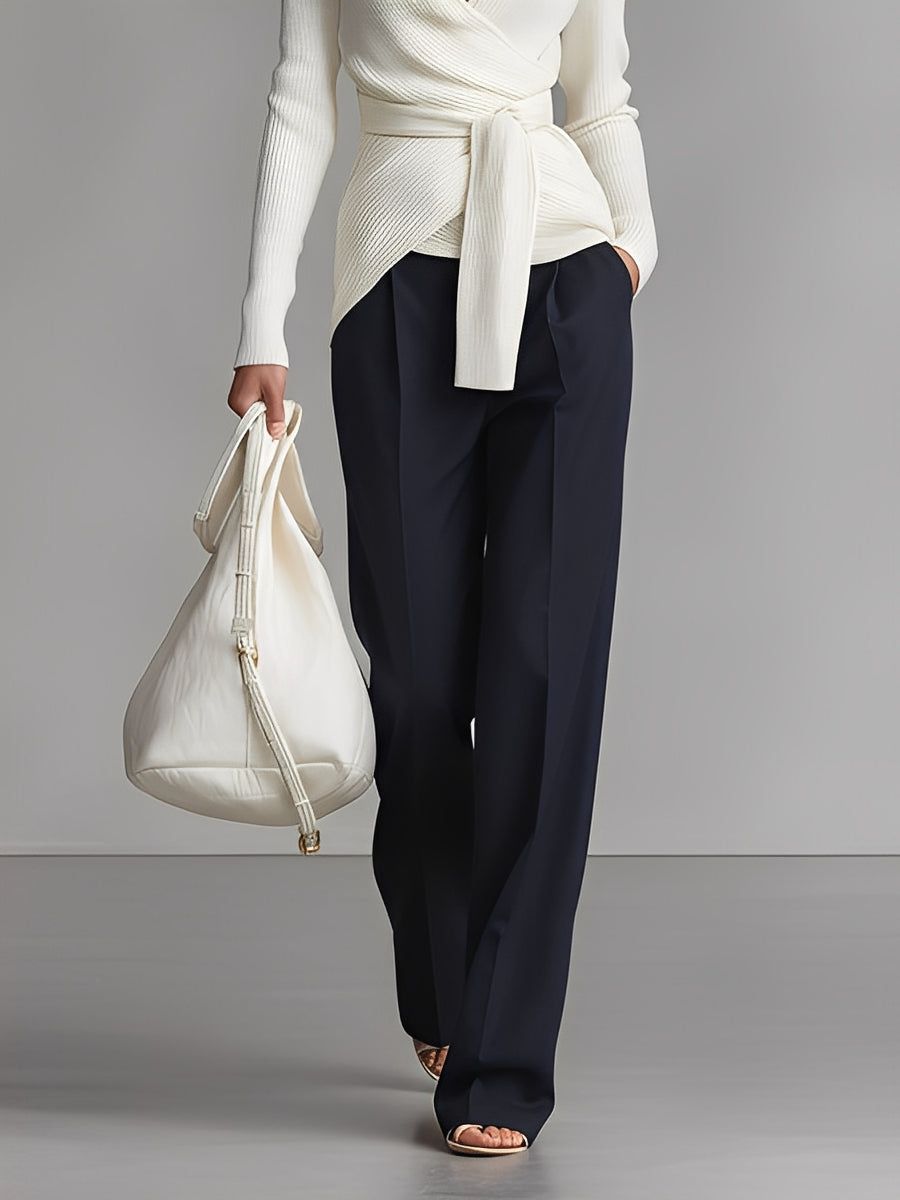 Women's White & Navy Two-Tone Set With Ribbed Knit Wrap Top & Wide-Leg Pants, Timeless Sophisticated Style Set MDA0983L6I