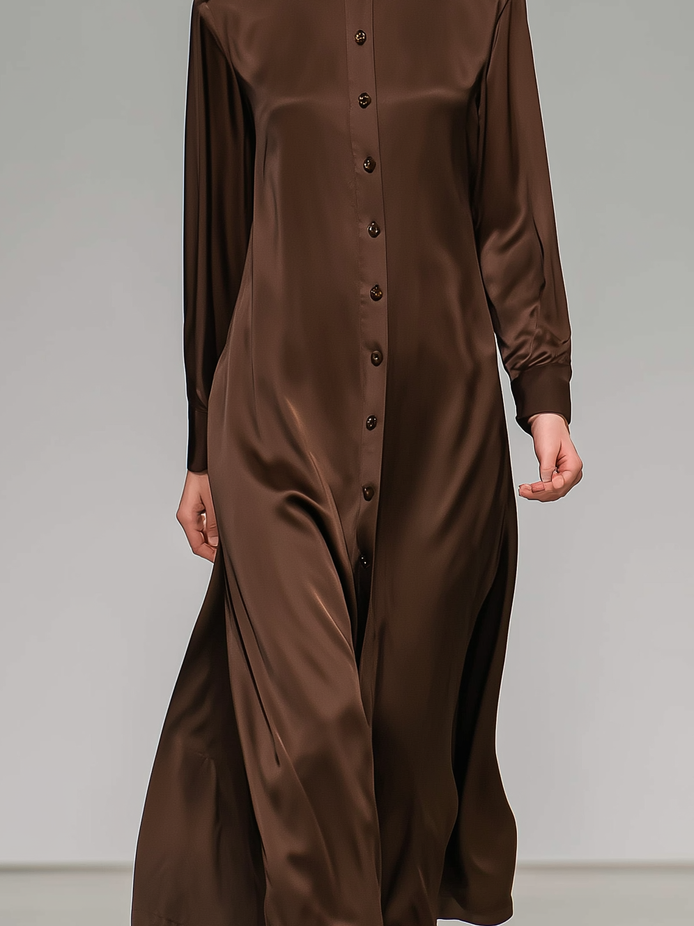 Women's Elegant Dark Brown Satin Long-sleeved Shirt Dress MDZ0934A2AN