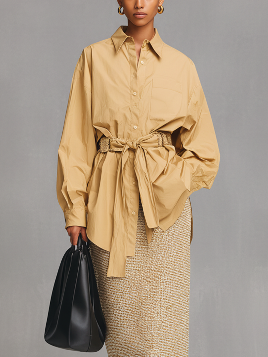 Women's Yellow Cotton-linen Blend Shirt And Tweed Skirt Suit MDA0474L0T