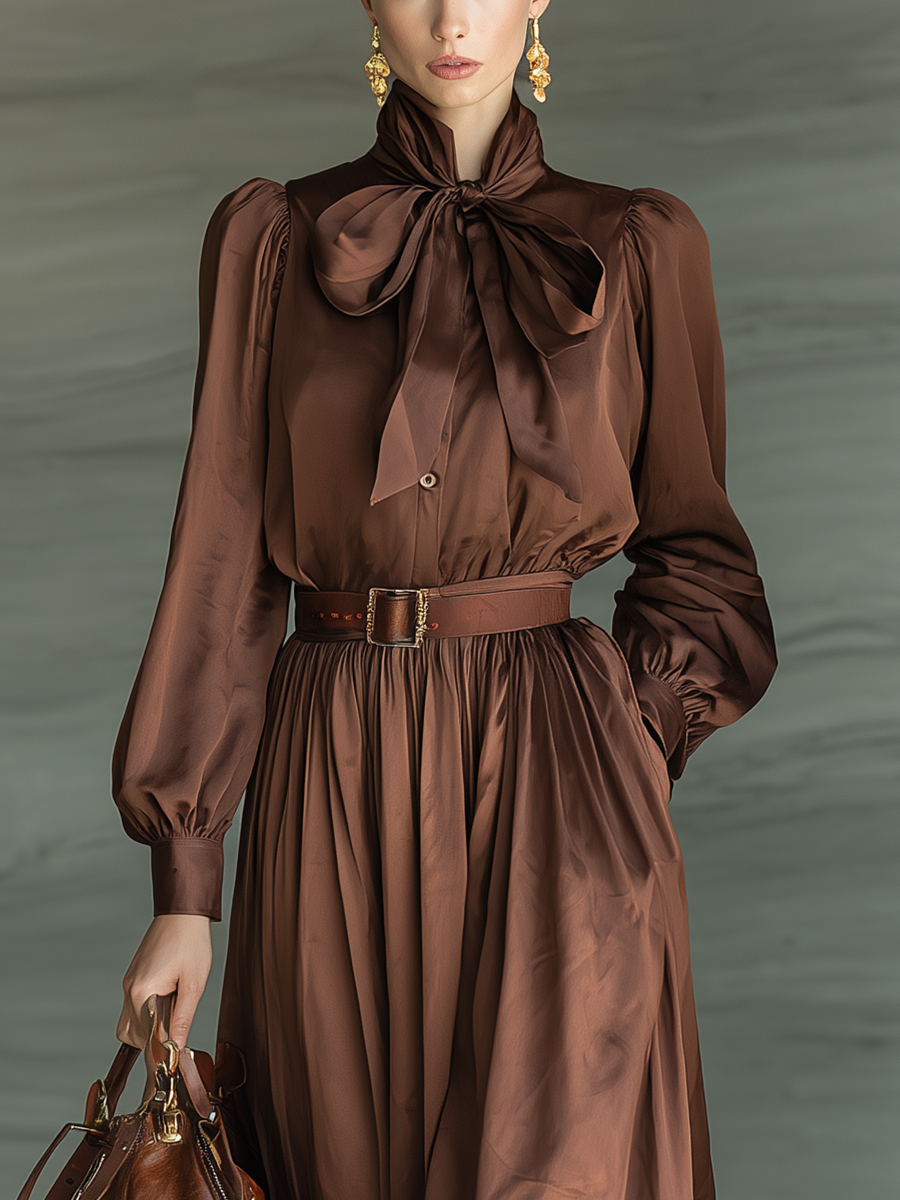 Women's Caramel Satin Bow-Tie Blouse And Fitted Midi Skirt Set MDA0434K6T