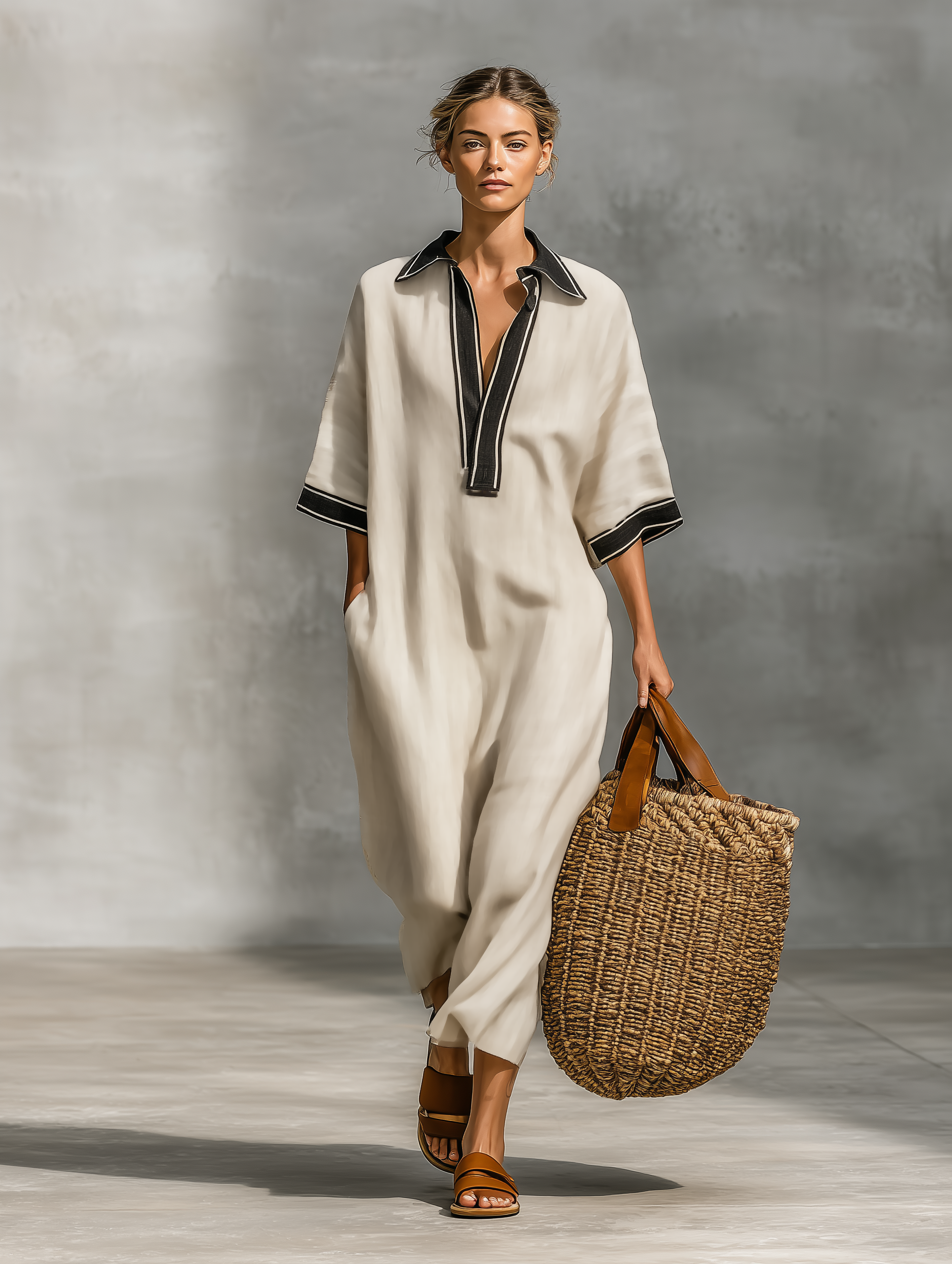 Women's Minimalist Loose-fitting Color-block Short-sleeved Maxi Dress MDZ0913A3Y