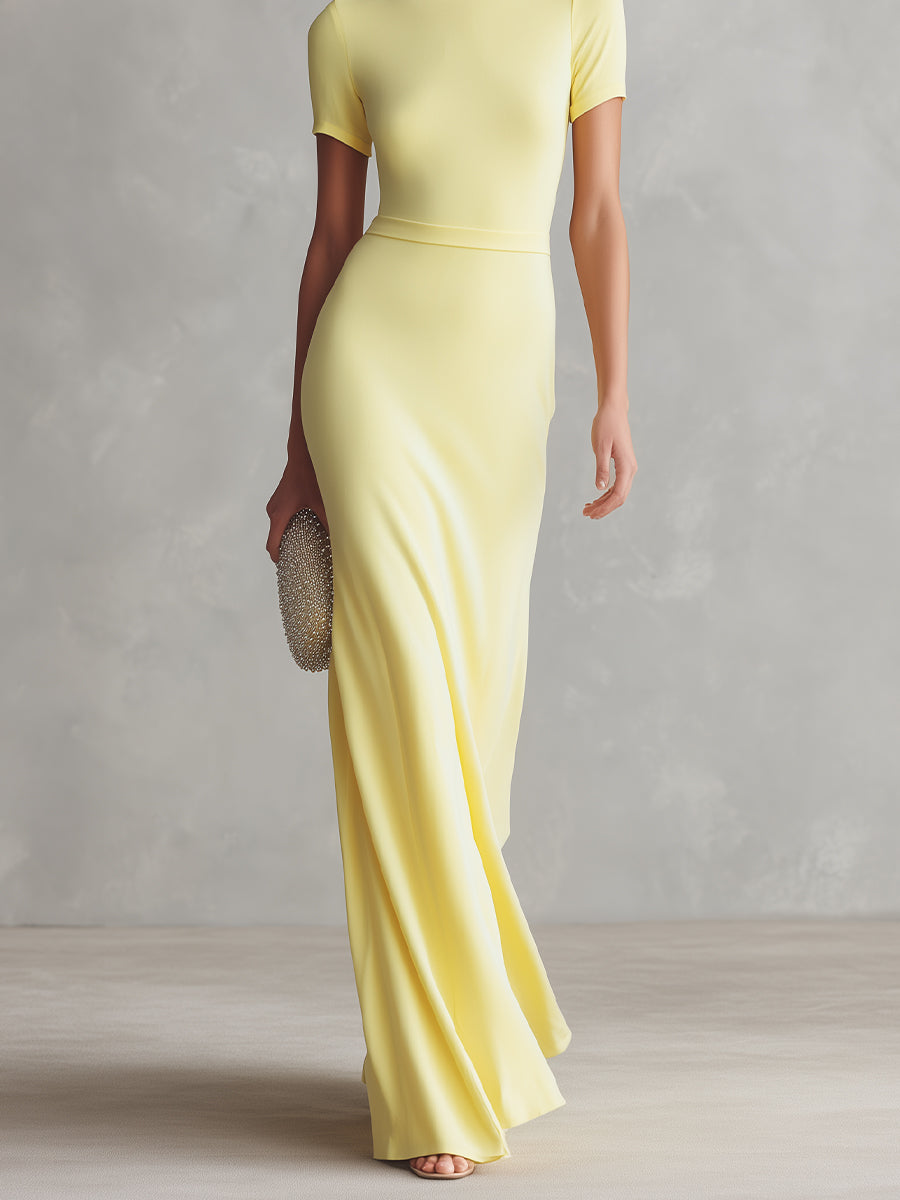 Women's Lemon Yellow Stretchy Knit Dress With Short Sleeves & Maxi Length, Timeless Sleek-Chic Style Dress MDZ0664A9I