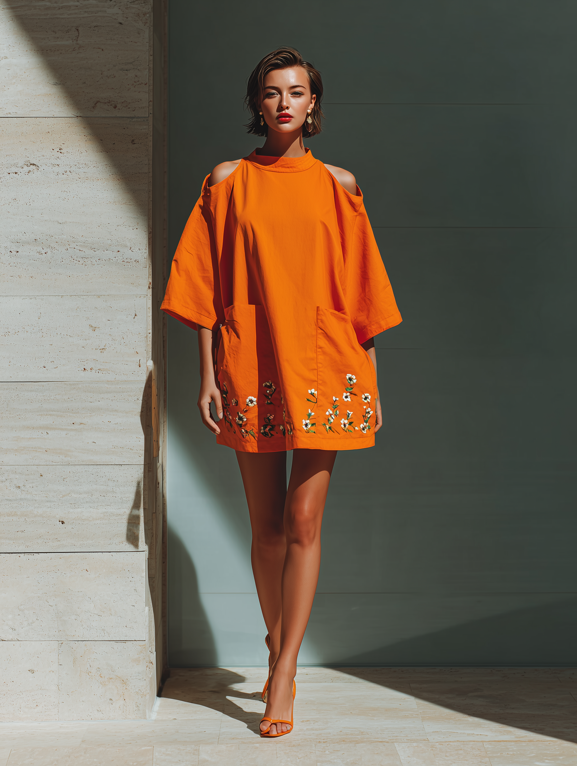 Women's Orange Cold-Shoulder Mini Dress With Floral Embroidery MDZ2679B1T