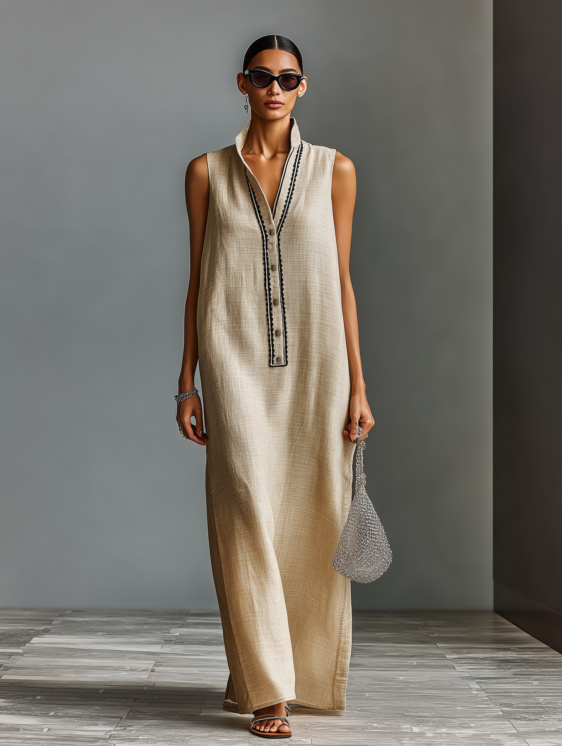 Women's Minimalist Linen Blend Sleeveless  Embroidered Neckline Maxi Dress MDZ0510A2Y