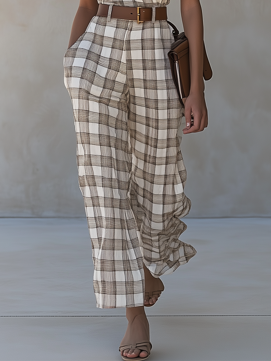 Women's Cold-Shoulder Plaid Wide-Leg Jumpsuit MDA2175G6T