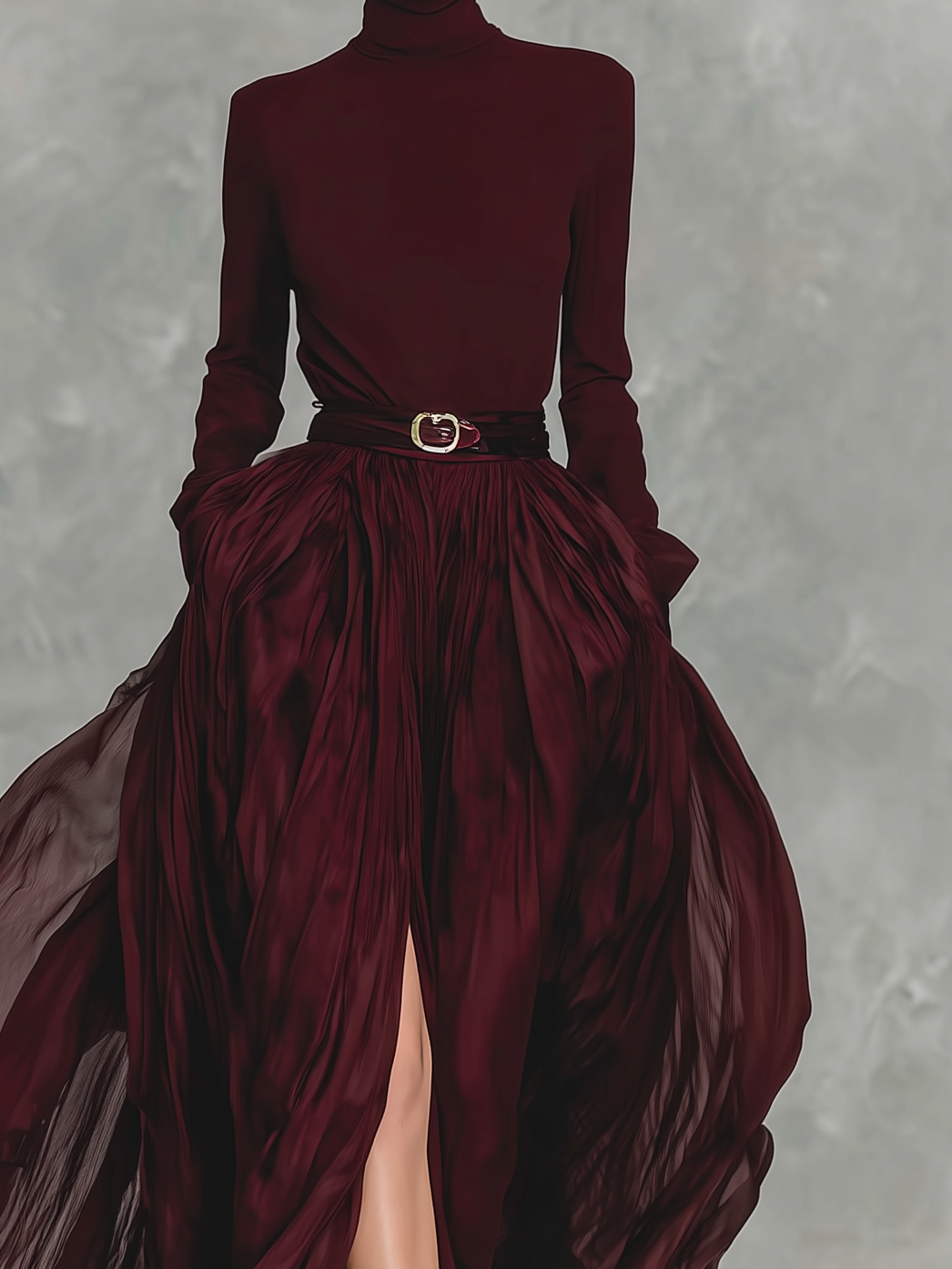 Women's Elegant Deep Red Turtleneck Long-sleeved Dress With Organza Trim At The Hem (belt Not Included) MDA1052L0AN