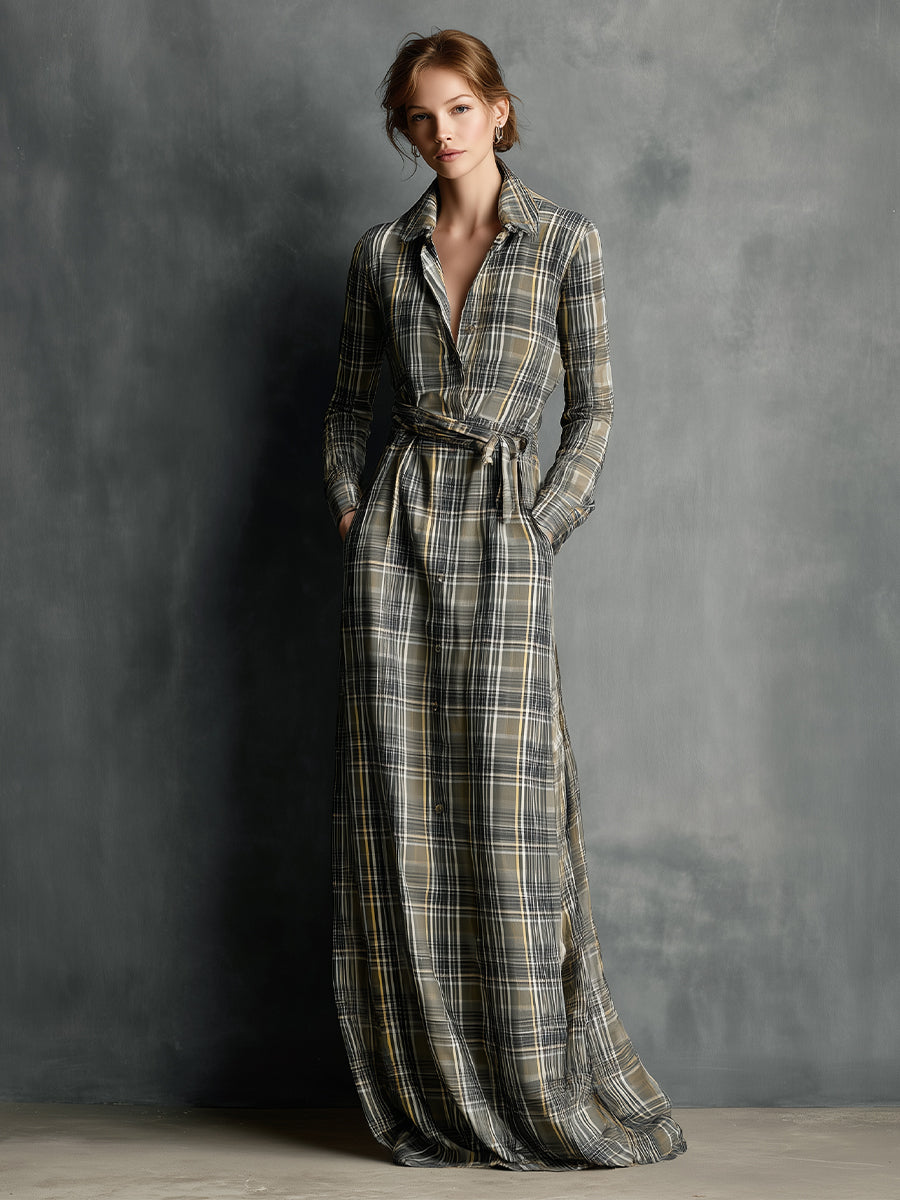 Women's Gray Plaid Cotton Blend Bohemian Chic Shirt-collar Maxi Dress MDA2519J5I