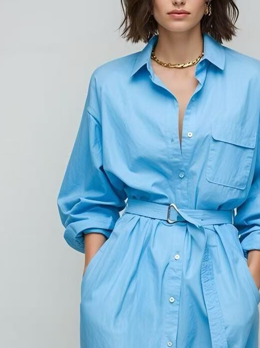 Women's Casual Yet Sophisticated Light Blue Loose-fitting Shirt Dress With A Waist Tie MDA0733K9AN