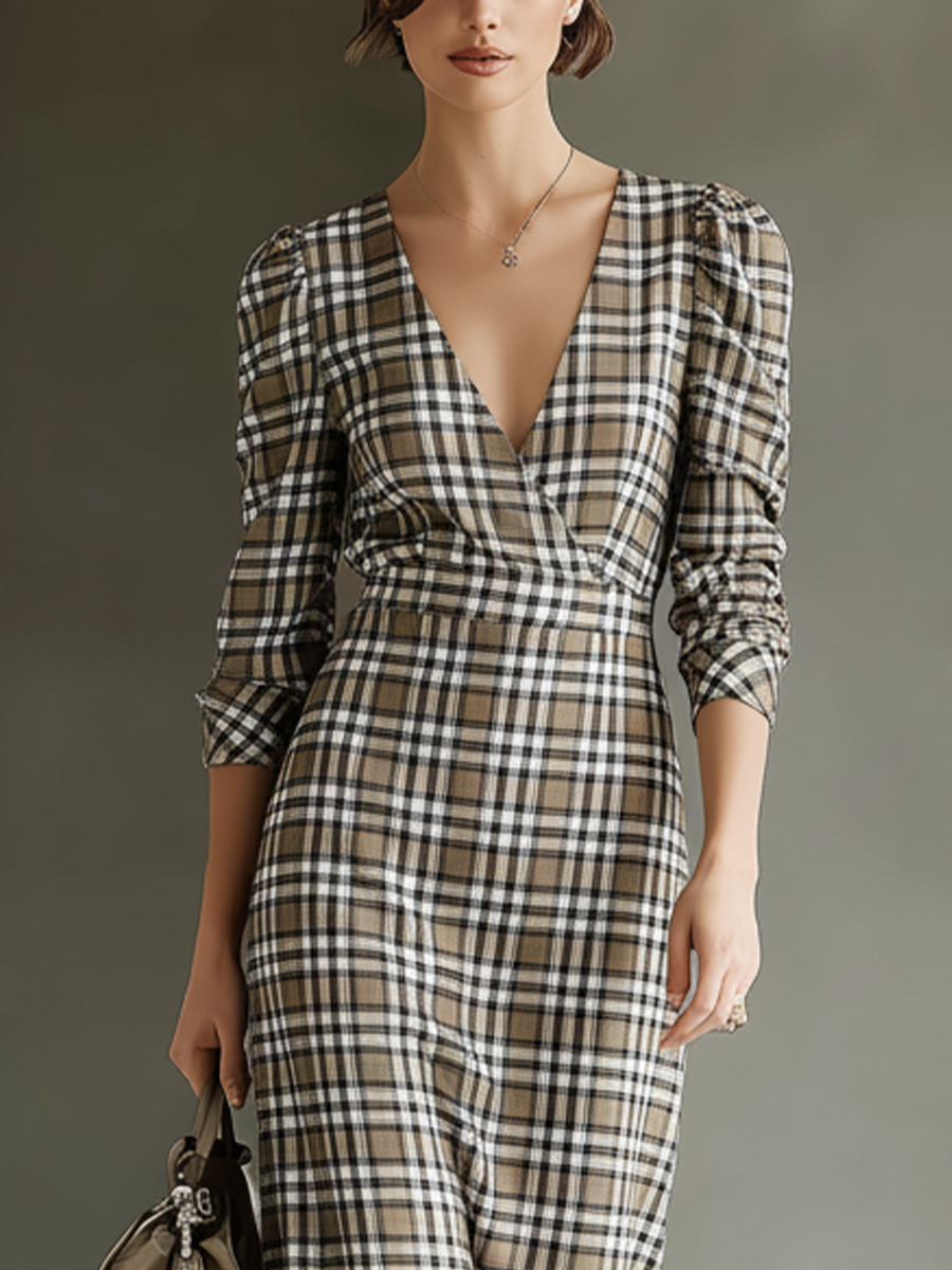 Women's Beige Plaid Cotton Blend Midi Dress MDA2525J4T