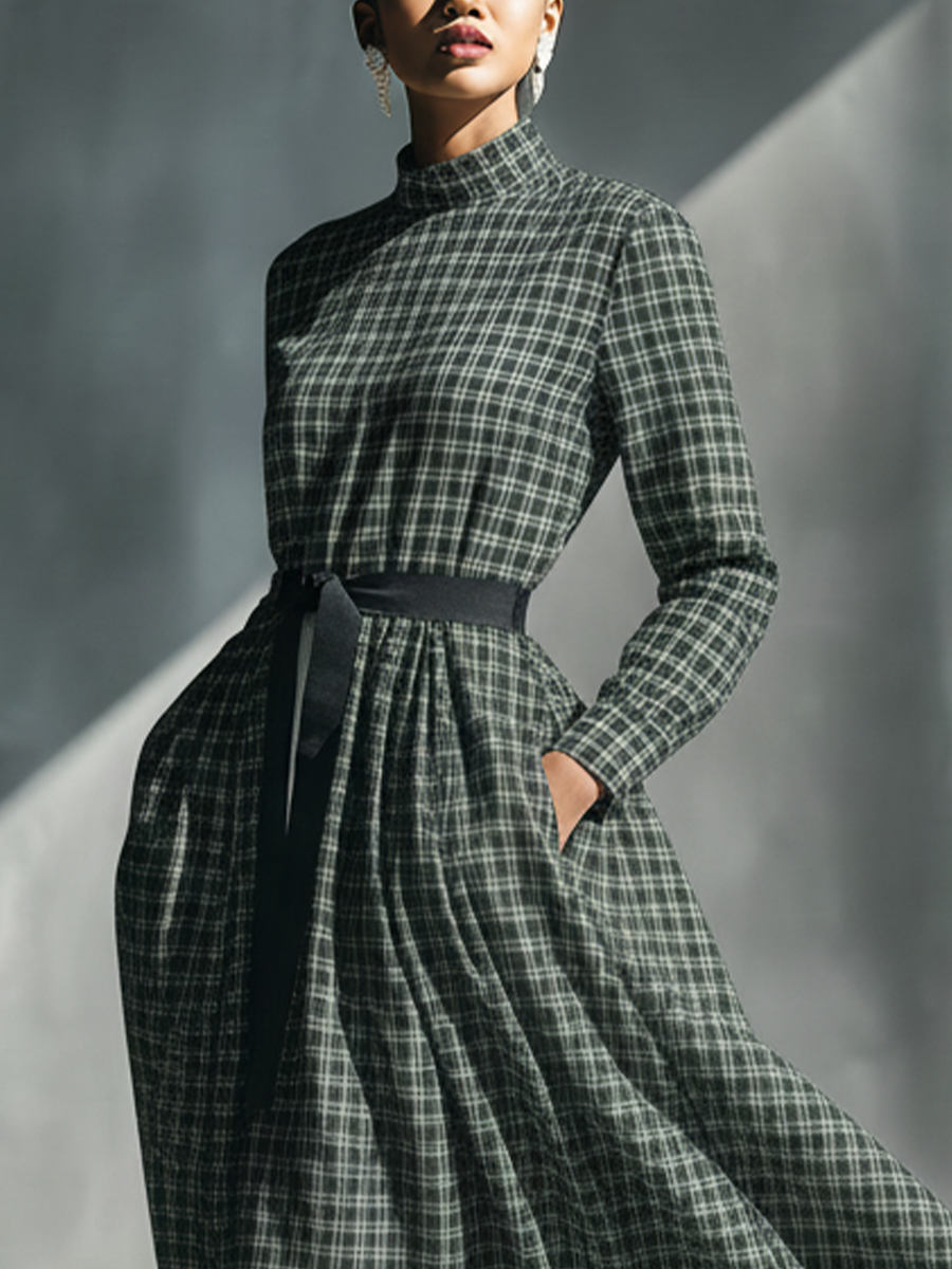 Women's Pea Green Cotton Blend Plaid Turtleneck Tie-waist Long Dress MDA0112L1T