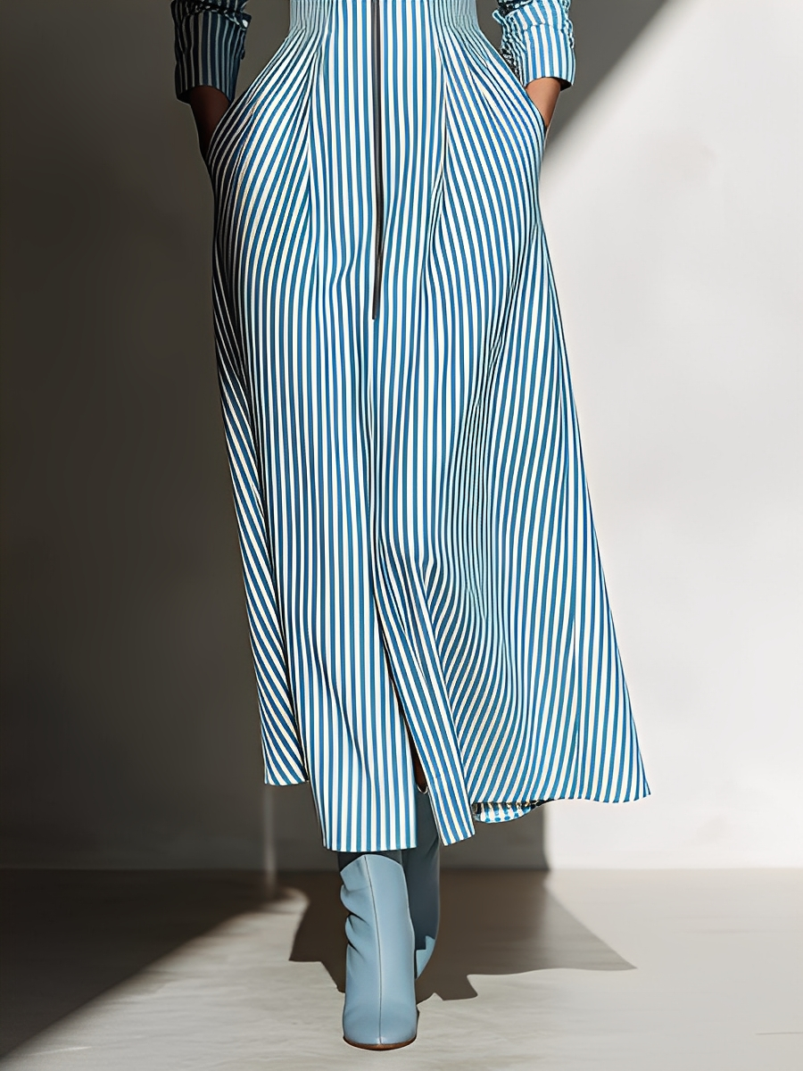 Women Light Blue Cotton Stripe Zip Front Shirt Dress MDA1864L8T