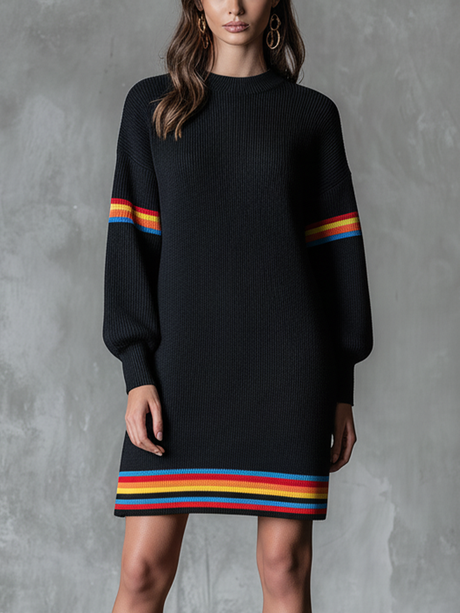 Women's Black Knit Rainbow Striped Loose Sweater Mini Dress MDA0135K8T