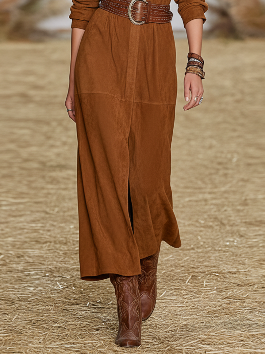 Women's Faux Suede Shirt Collar Maxi Dress (belt Not Included) MDA2595J9Y