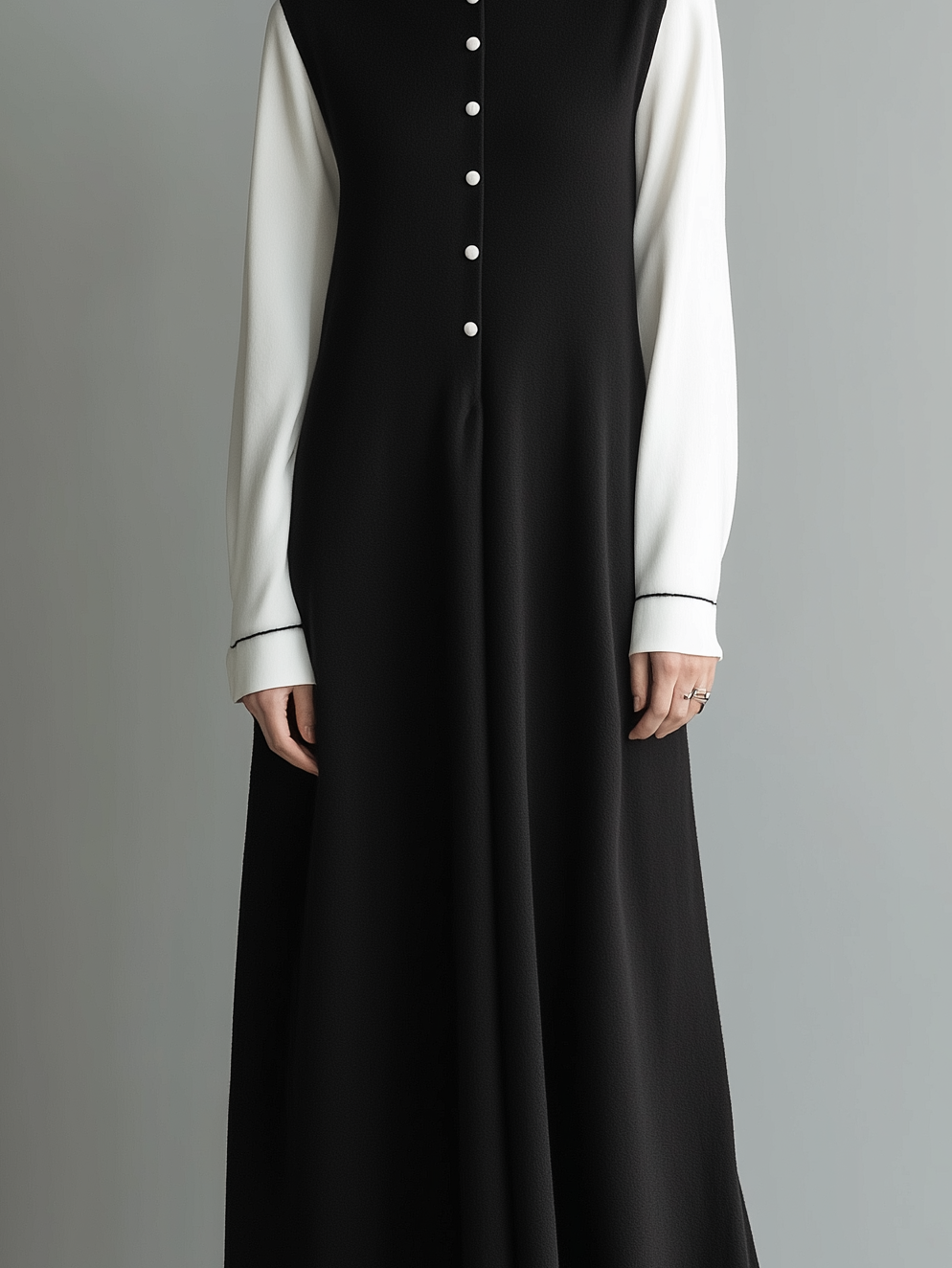 Women's Elegant Black Knitted High-neck Long-sleeved Dress With Button Closure MDZ0736A8AN