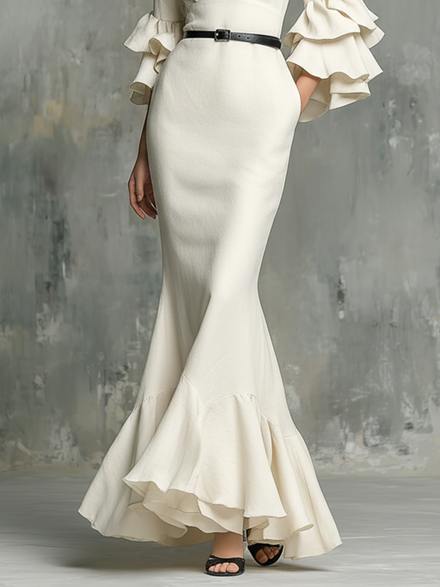 Women's Linen Blend Maxi Dress With Ruffled Sleeves And Belt MDA1747L0Y