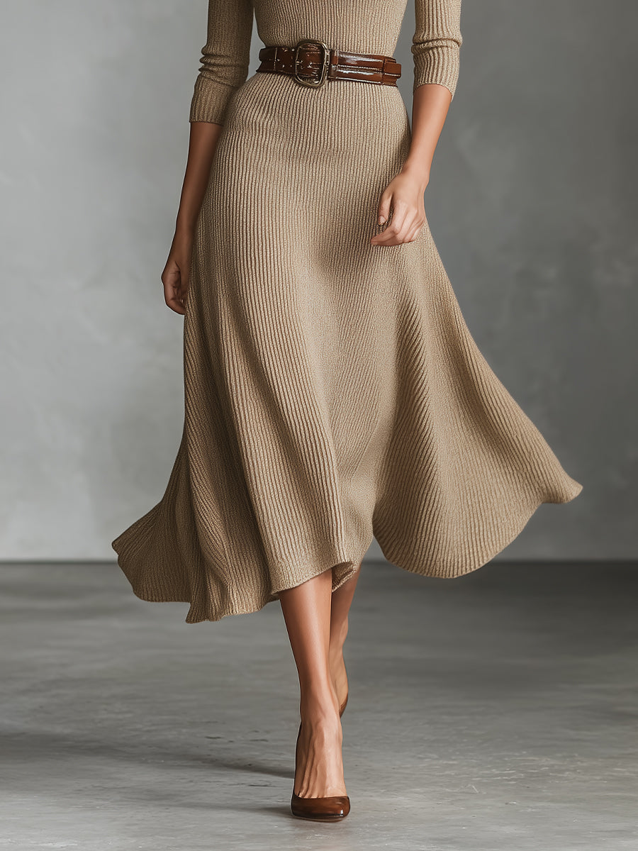 Women's Tan Elegant Ribbed Knit Belted Polo Midi Dress (without belt) MDA1093I3I
