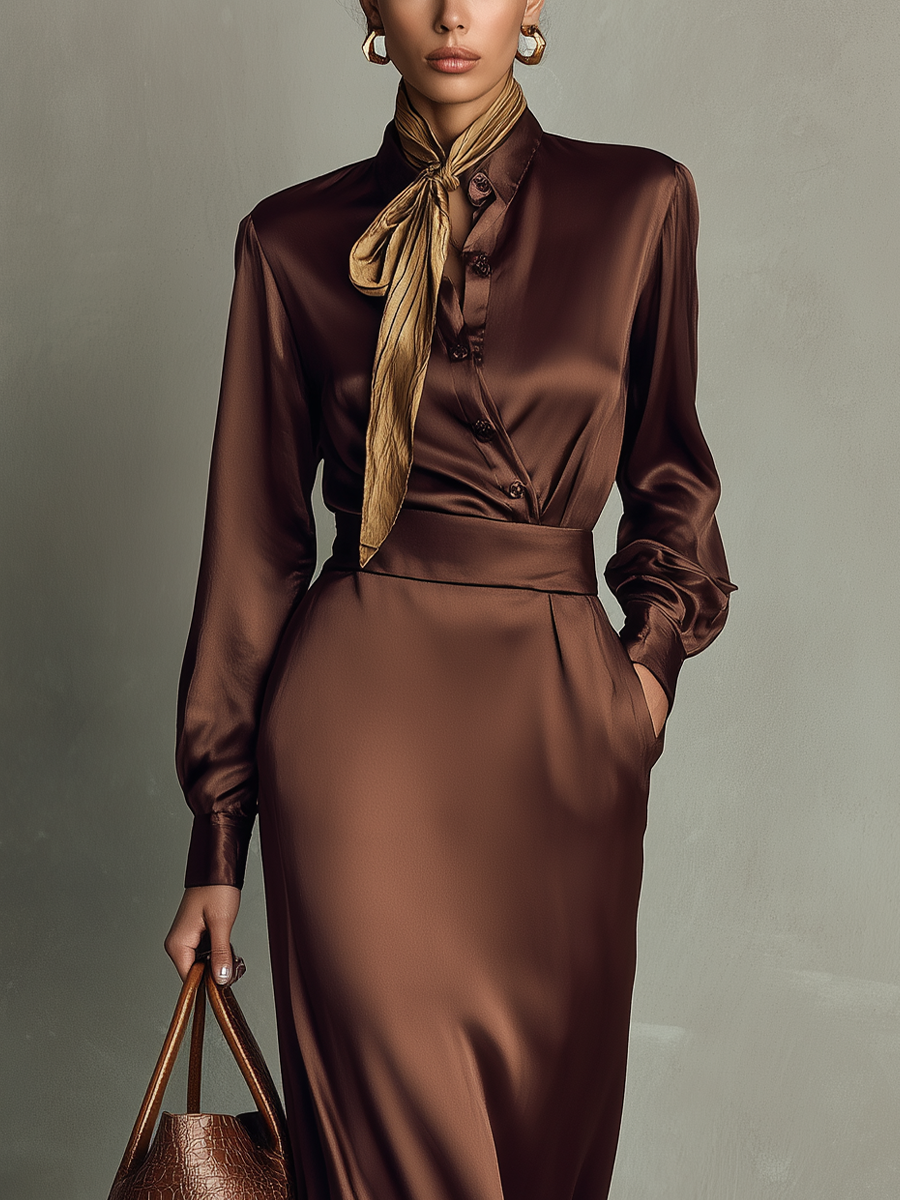 Women's Chocolate Satin High-Waisted Long-Sleeve Shirt And Skirt Suit MDA0807K7T