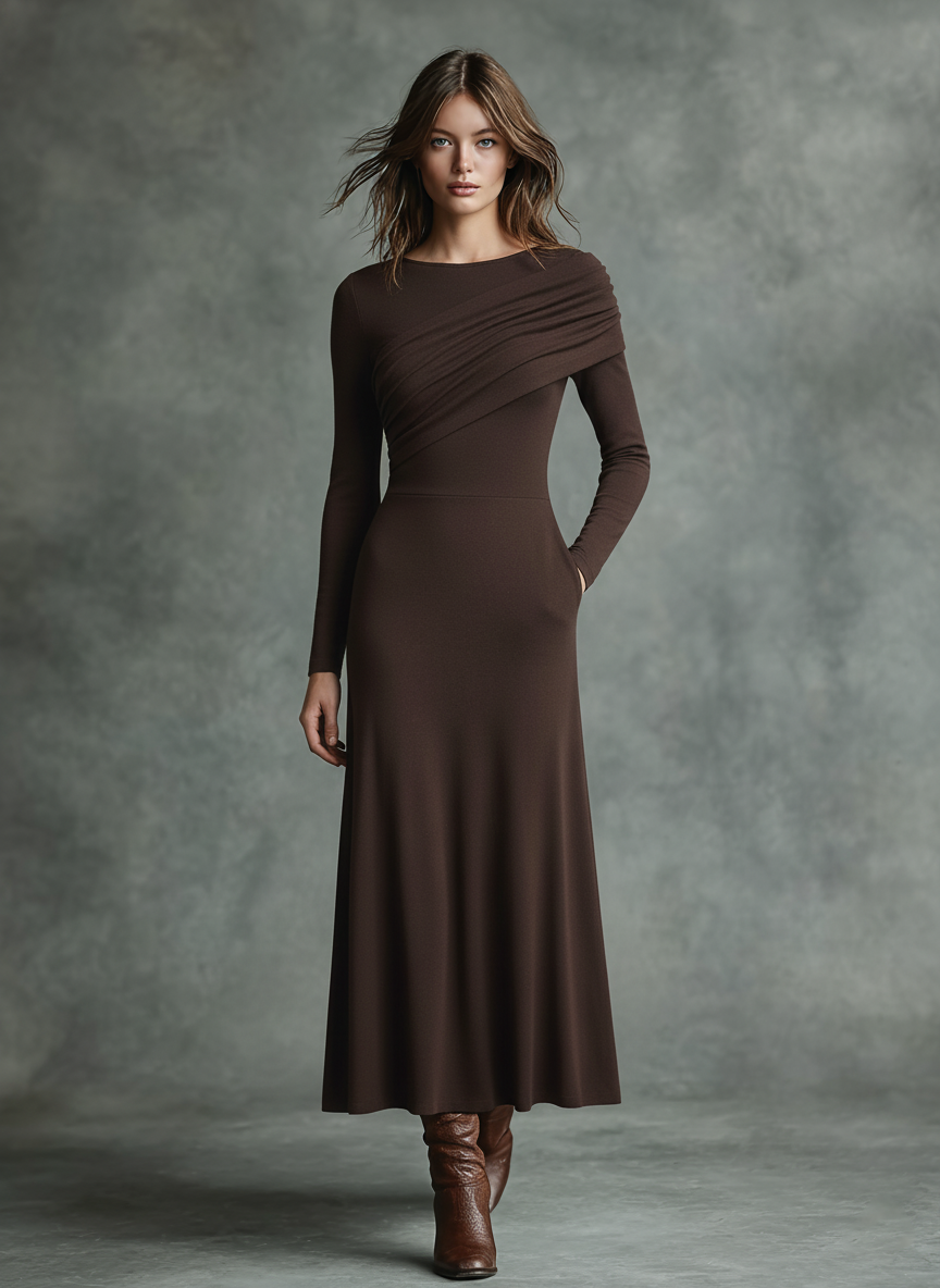 Women's Slim-fit Round Neck Pleated Long Sleeve Maxi Dress MDA3092J3Y