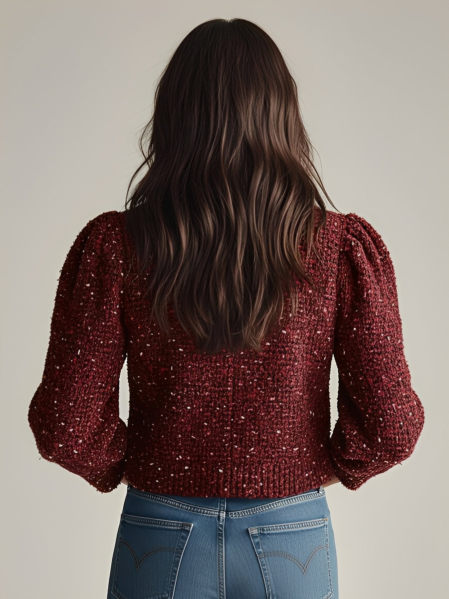 Women's Burgundy Elegant Tweed Puff - Sleeve Button - Front Cropped Jacket MDA2844I5I