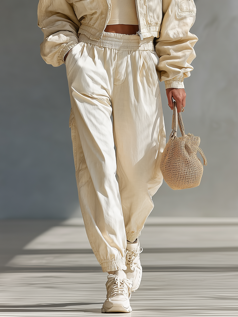 Women's Off-White Cotton Blend Casual Sport Jacket And Pants Set MDA2132J2T