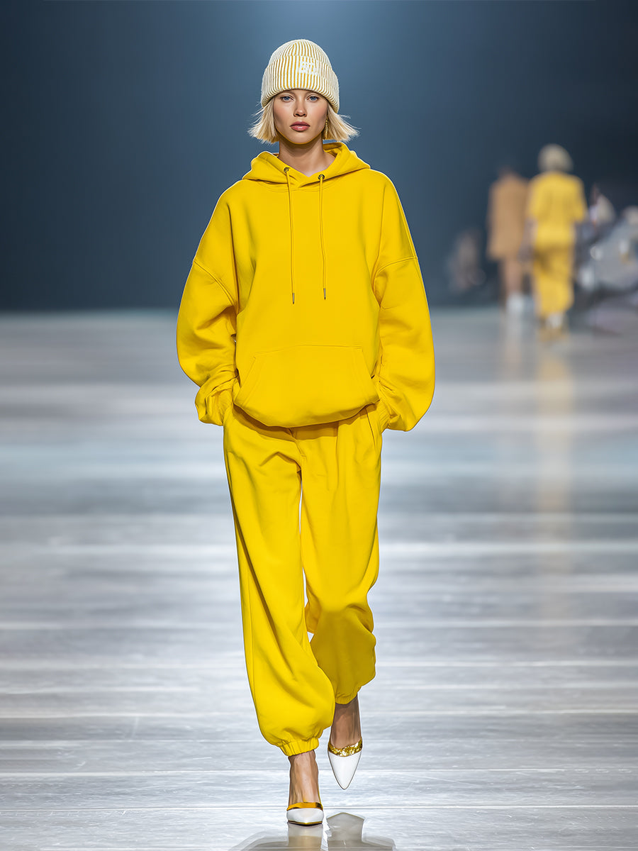 Women's Yellow Cotton-Blend Athleisure Set With Hooded Sweatshirt & Cuffed Pants, Bold Street Style Set MDA0485K8I