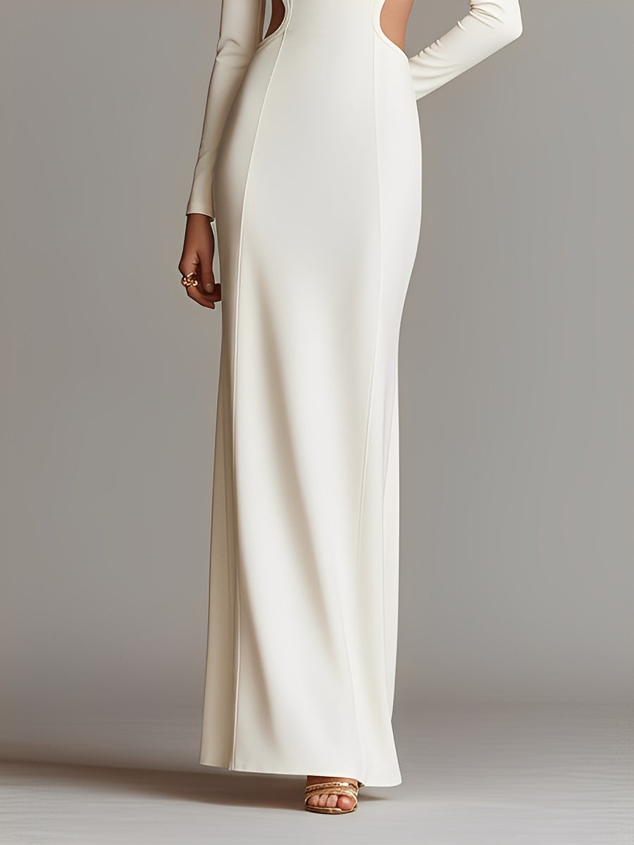 Women's White Structured Woven Dress With Long Sleeves & Bodycon Fit, Modern Elegant Style Dress MDA0972L7I