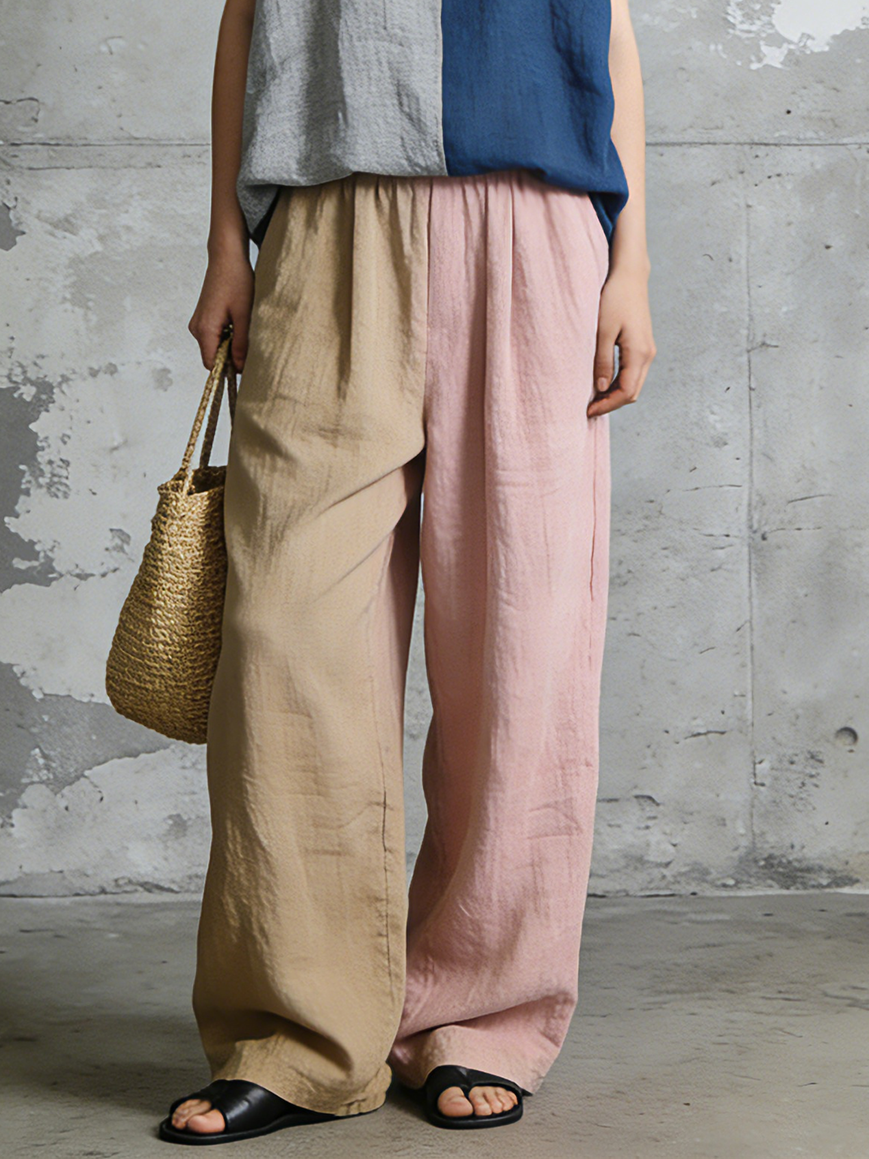 Women's Minimalist Color-Blocked Sleeveless Blouse Straight Leg Pants Set MDZ2602B0Y