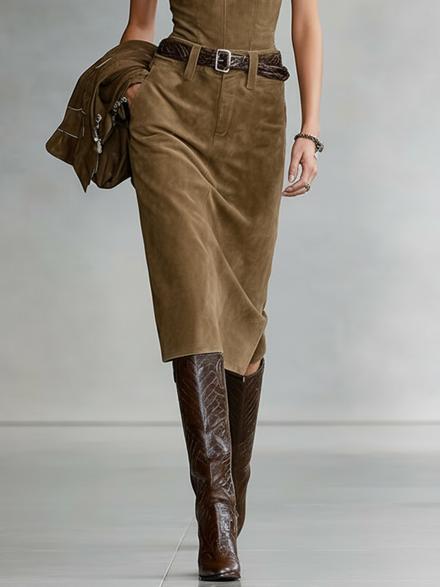 Women's Minimalist Faux Suede Wide-strap Belted Midi Dress MDZ0520A4Y