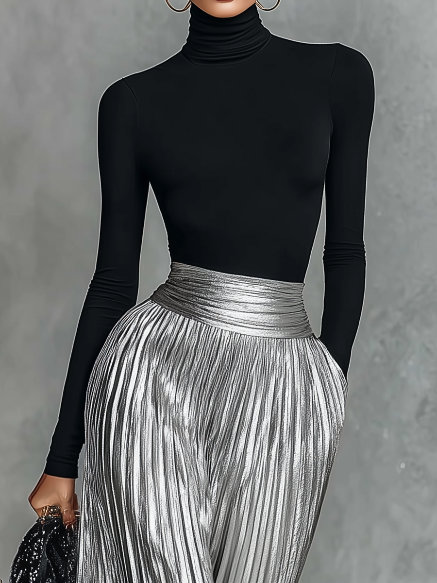 Women's Blended Black Top And Silver Skirt Set MDA1234H4T