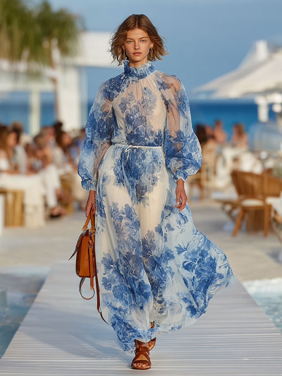 Women's Floral Print Half Turtleneck Lantern Long Sleeve Drawstring Maxi Dress MDA2332G8Y