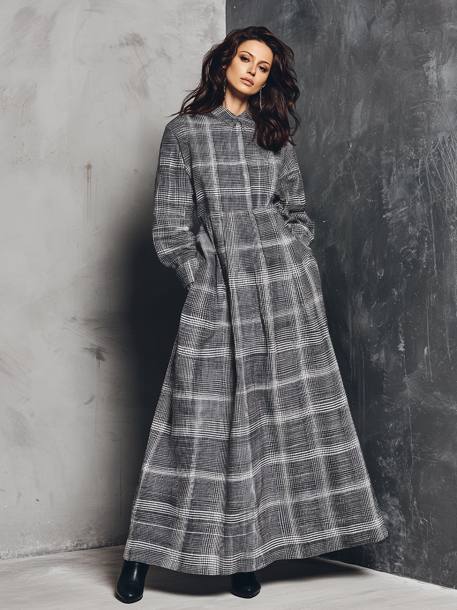 Women's Grey - White Modern Cotton Plaid Shirt - Collar Maxi Dress MDA2064J1I
