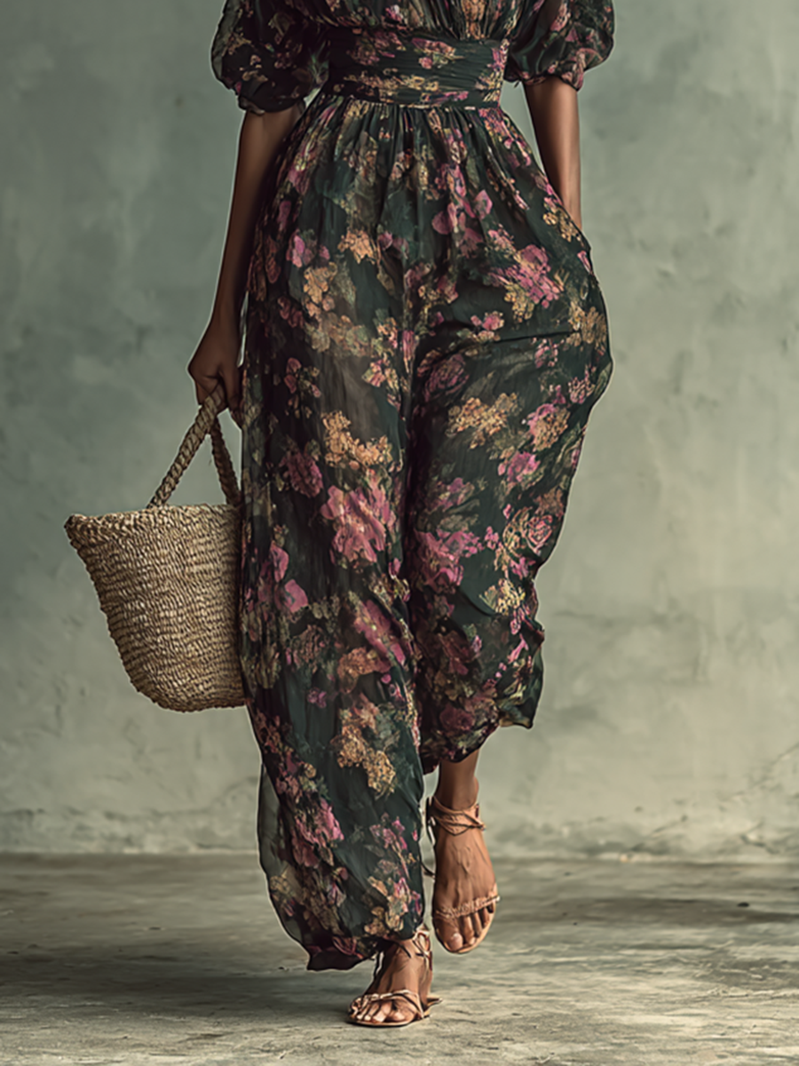 Women's Chiffon Floral Print Bandeau Short Sleeve Waist Jumpsuit MDA1152G0Y