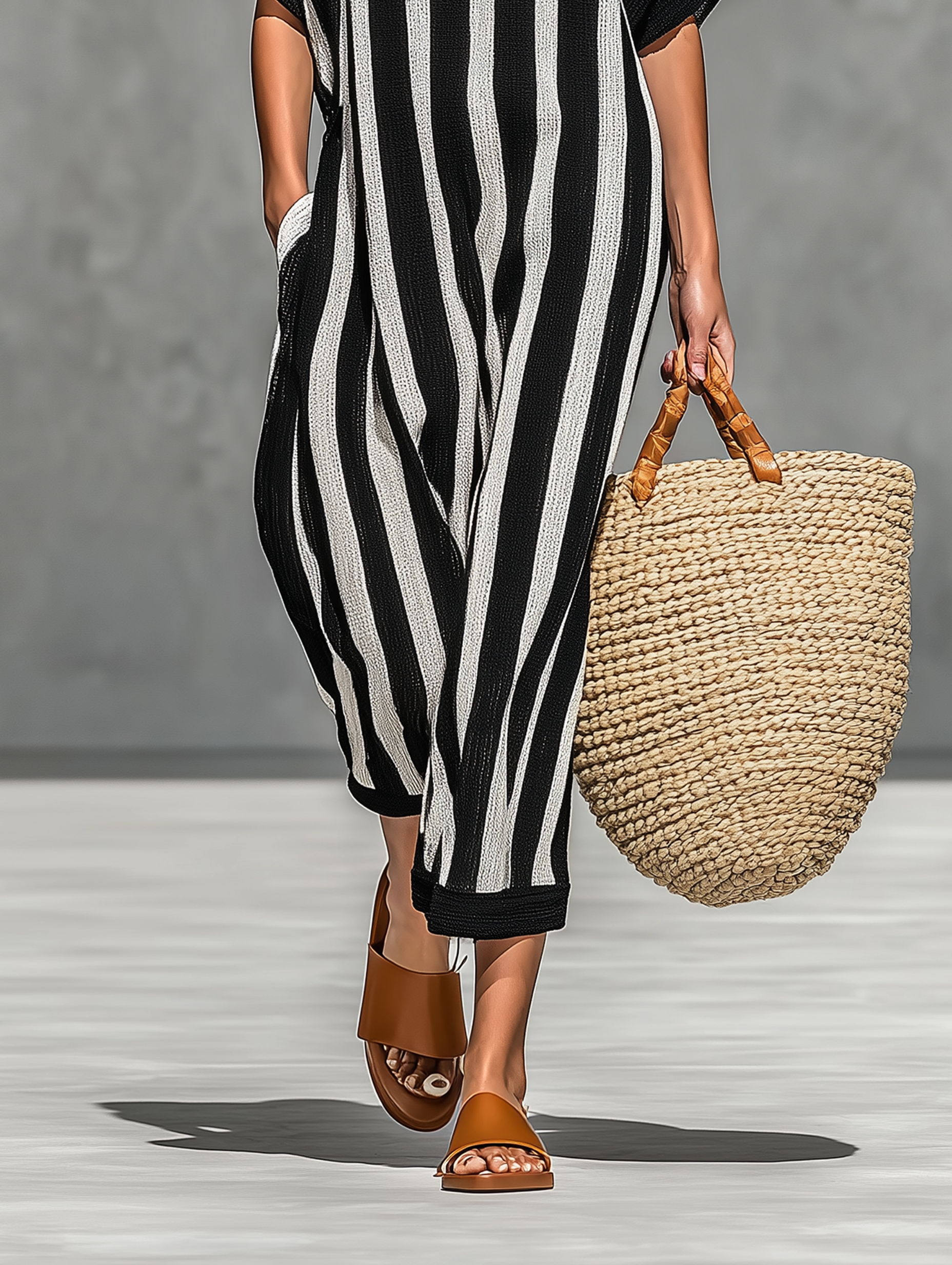 Women's Minimalist Black And White Striped Knitted Sheer Jumpsuit MDZ0911A4Y