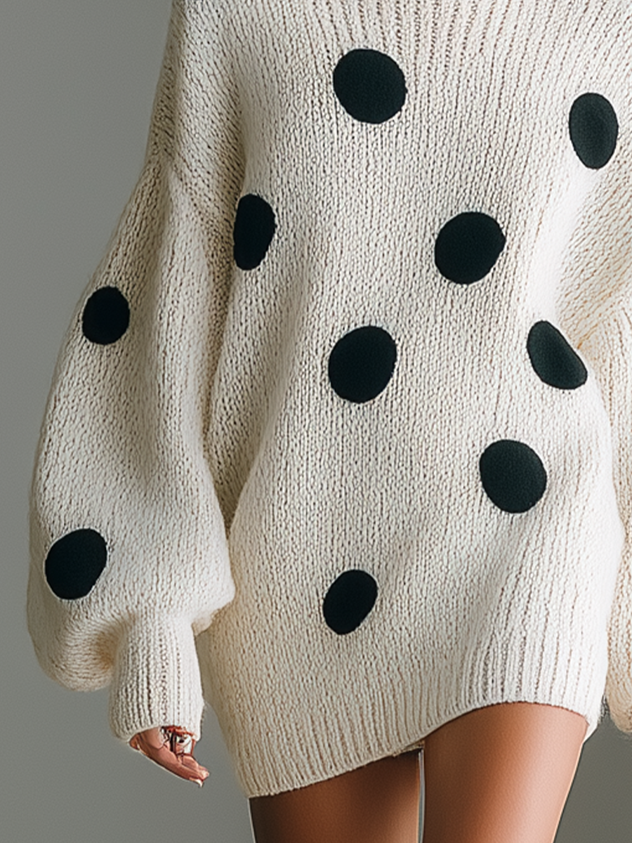 Women's White Loose-fitting Black Polka Dot Knit Mini Dress MDA2852J1T