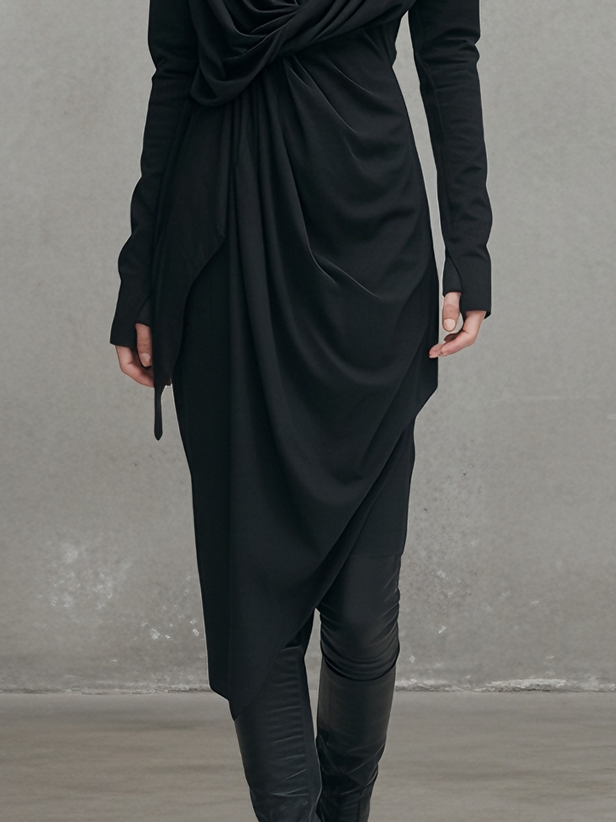 Women's Edgy Stretch Woven Black Cowl-Neck Twist-Drape Midi Dress MDA1546L5AU