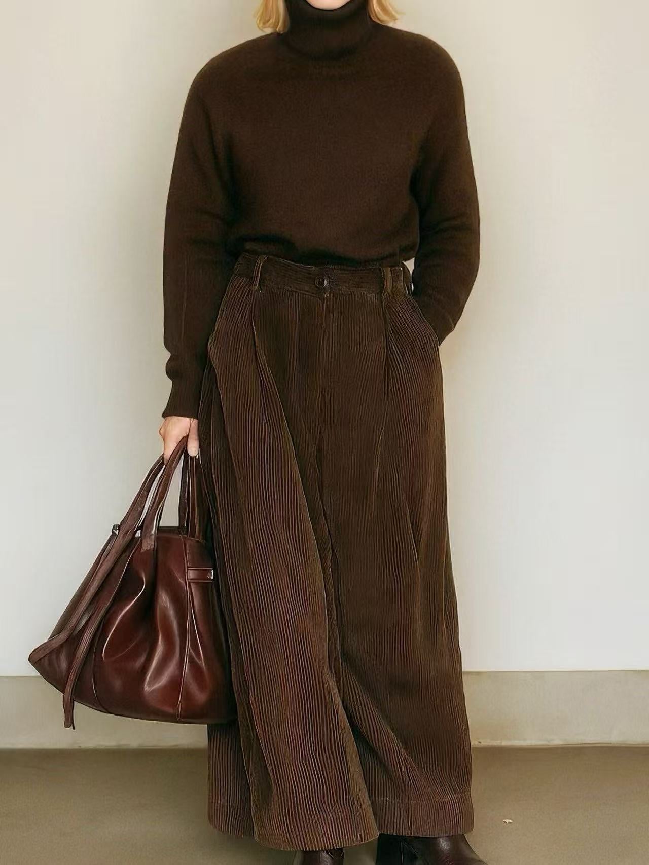 Women's Elegant And Simple Brown Turtleneck Knit Top Paired With Brown Corduroy Straight-leg Trousers MDA0632K3AN
