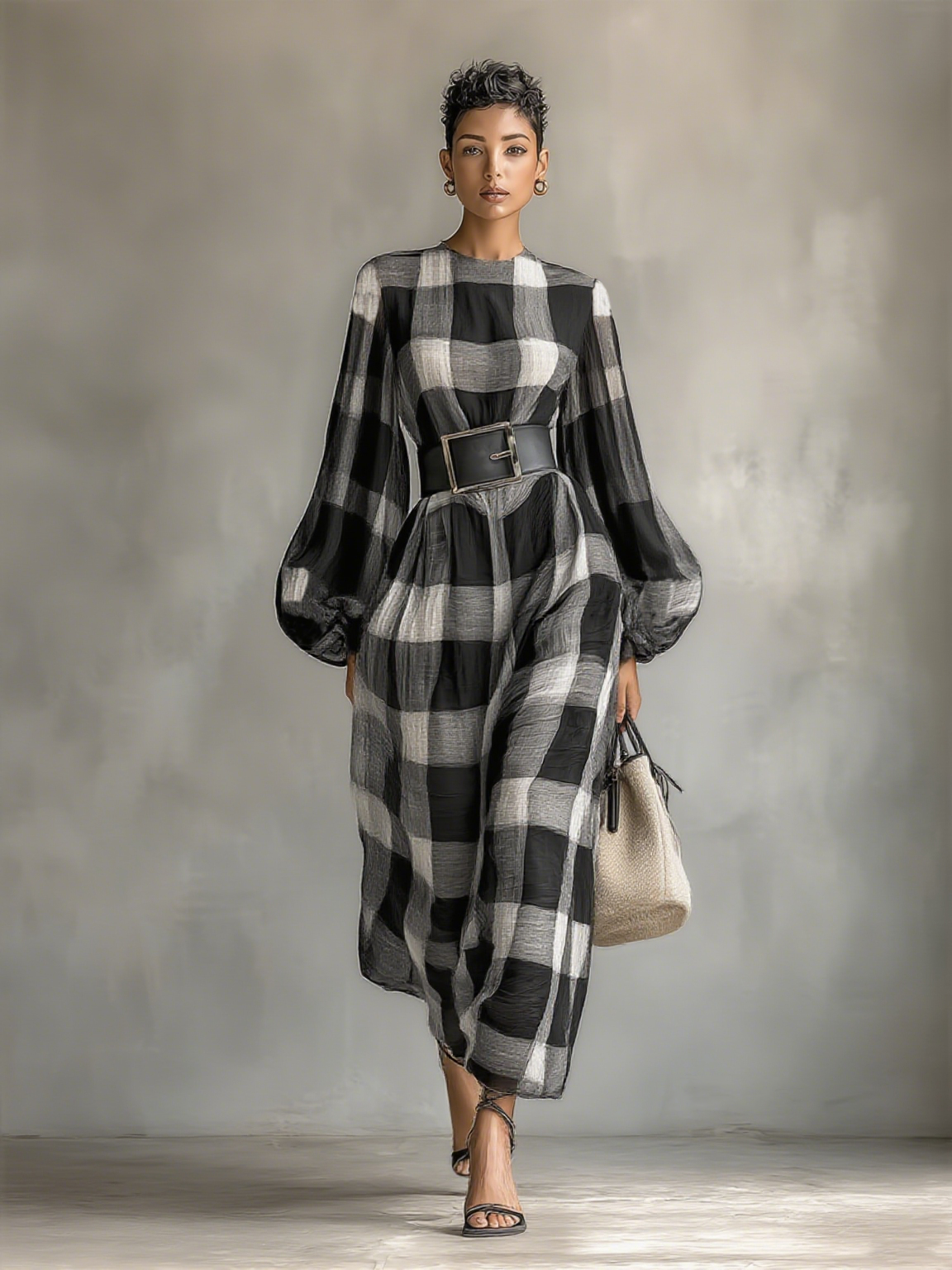 Women's Fashion Plaid Round Neck Lantern Sleeve Belt Maxi Dress MDA0432H4Y