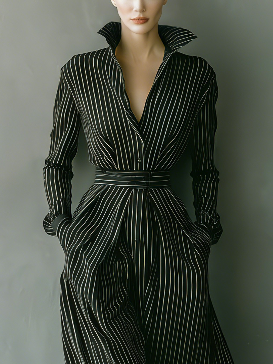 Women's Black And White Fine-striped Cotton Blend Maxi Dress MDA1752L3T