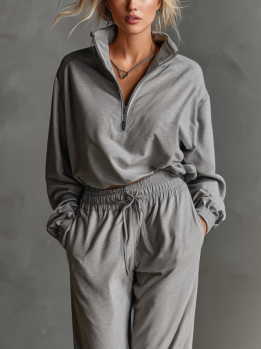 Women's Gray Soft Air Layer Fabric Long-Sleeve Half-Zip Top & Drawstring-Waist Jogger Pants Set MDA1953L7T