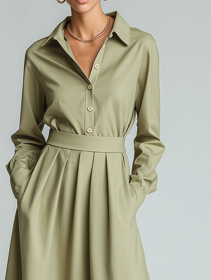 Women's Elegant And Sophisticated Gray-green Long-sleeved Shirt Paired With A Mid-length Pleated Skirt MDA1734K6AN