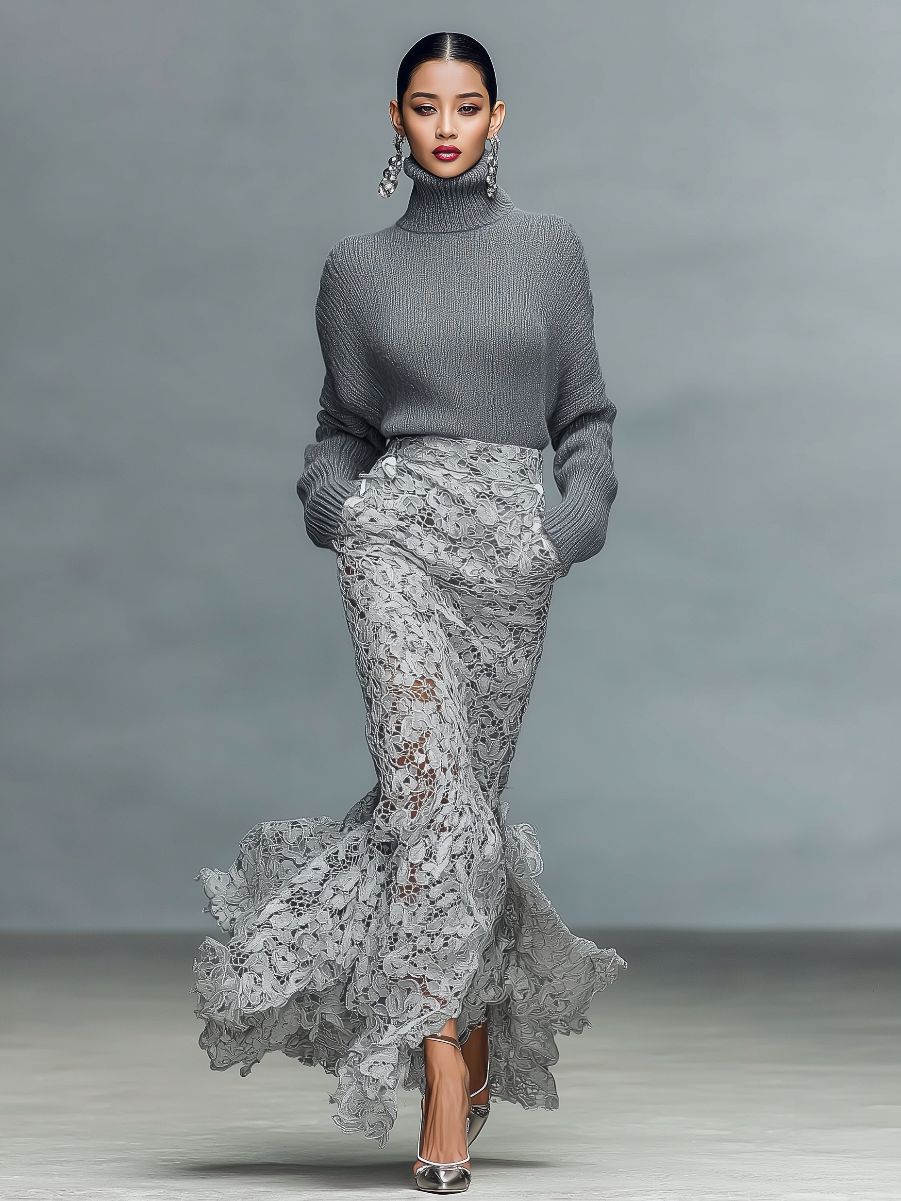 Women's Stylish And Elegant Gray Turtleneck Long-sleeved Knit Top Paired With A Gray Double-layered Lace Skirt MDA2819K6AN