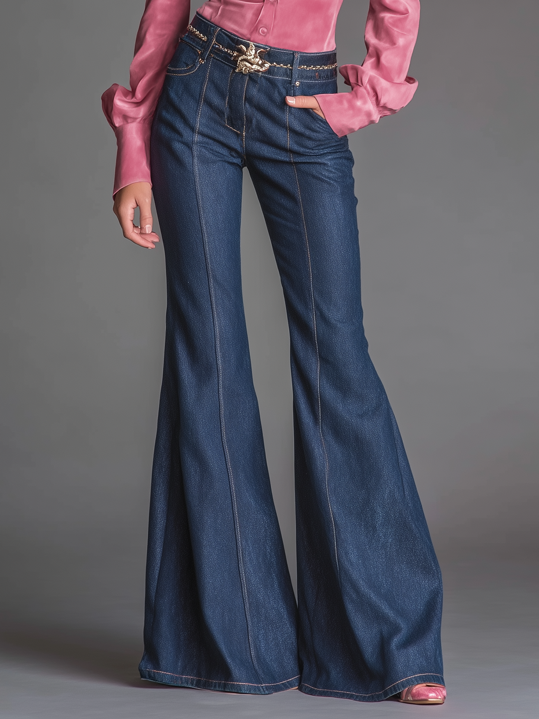 Women's Minimalist Faux Suede Shirt And Denim Flared Pants Set (belt Not Included) MDA2993K0Y