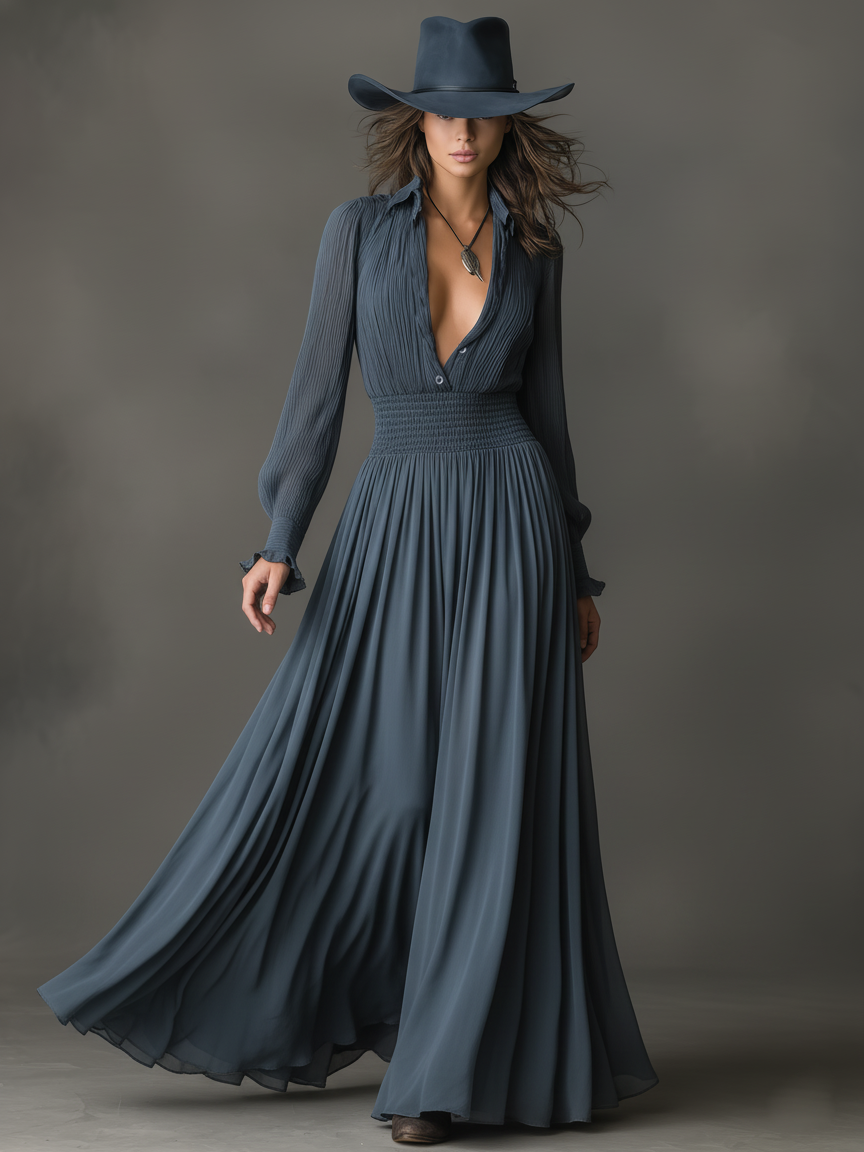 Women's Chiffon Pleated Waist-cinching Long-sleeved Maxi Dress MDA1541K9Y
