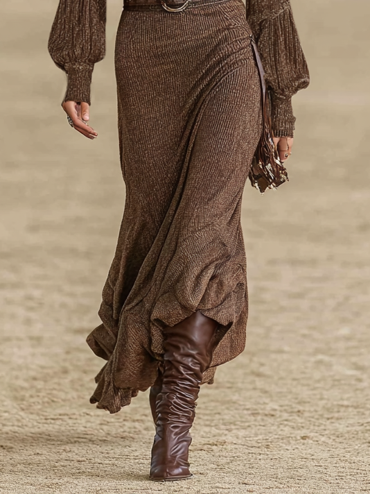 Women's Slim-fit Knitted V-neck Lantern Sleeve Maxi Dress (Without Belt)MDA1321H8Y