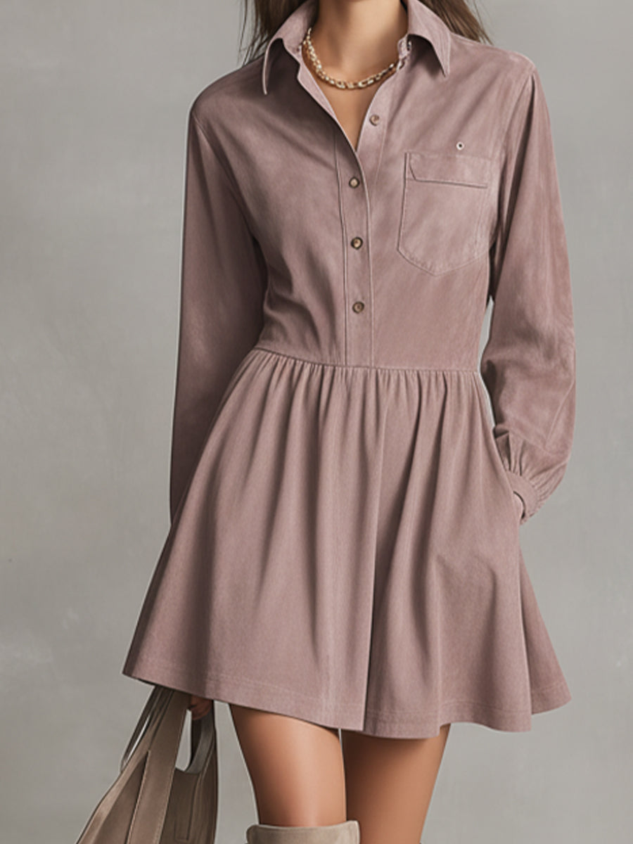 Women's Gray-pink Faux Suede Elegant Shirt Collar Dress MDA2562K2I