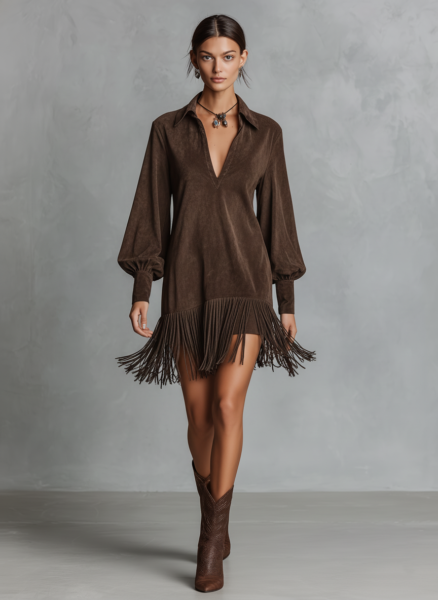 Women's Faux Suede Collar V-neck Mini Dress With Tassel Hem MDA0405K5Y